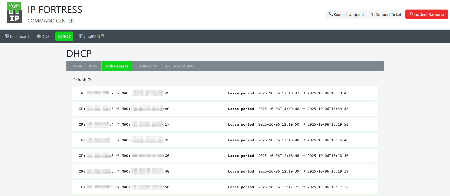 IP Fortress Active DHCP Leases view