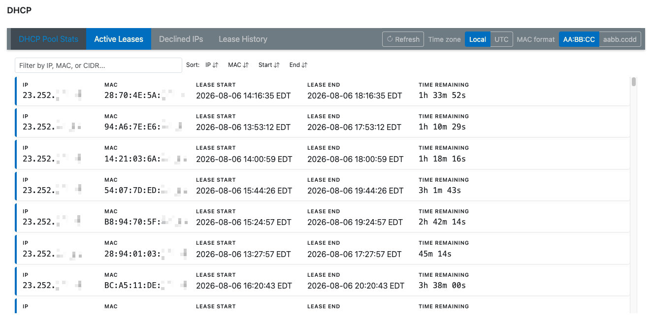 Active DHCP leases with IP, MAC, lease start and end times, and time remaining