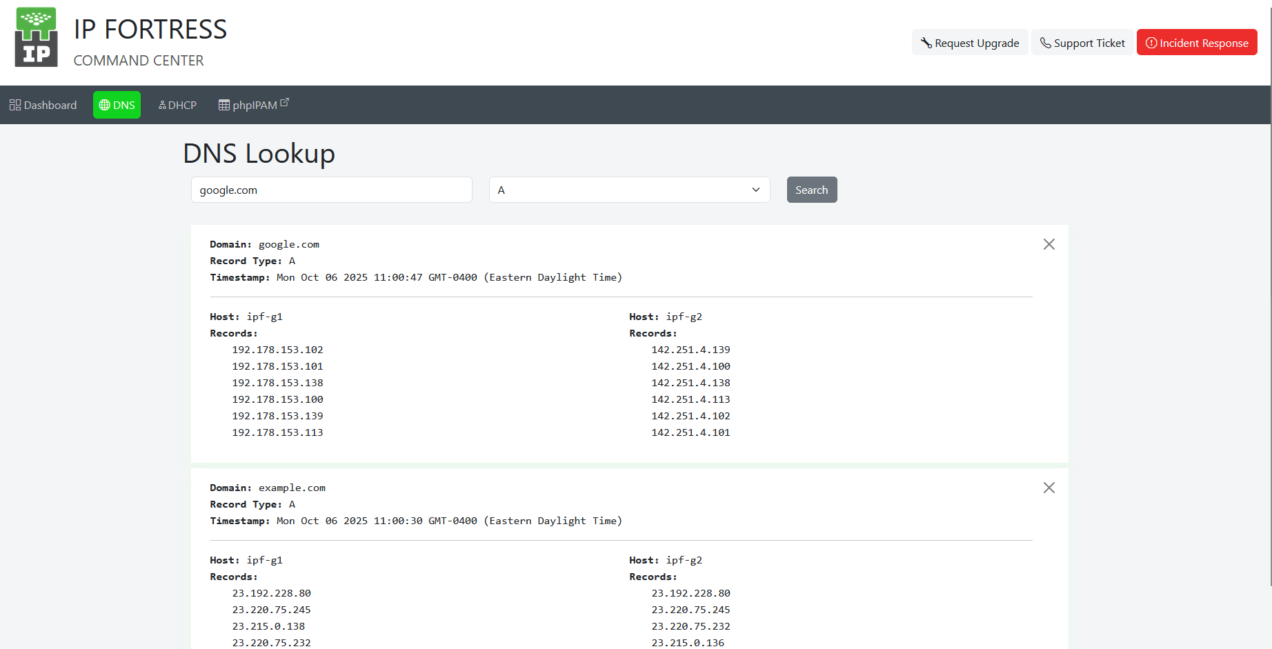 IP Fortress DNS Lookup interface