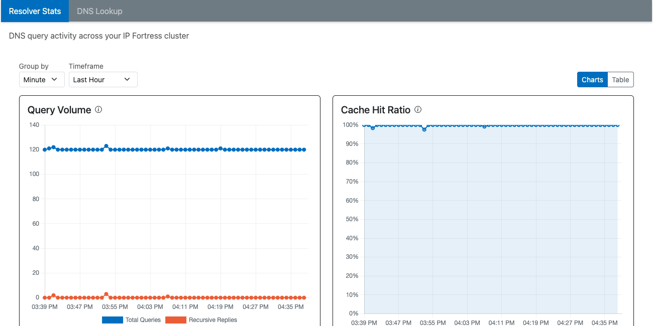 DNS resolver stats charting query volume and cache hit ratio across the IP Fortress cluster over the last hour
