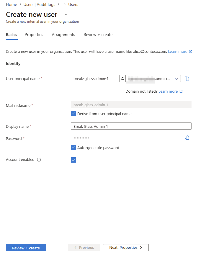 Screenshot of the Entra user creation interface