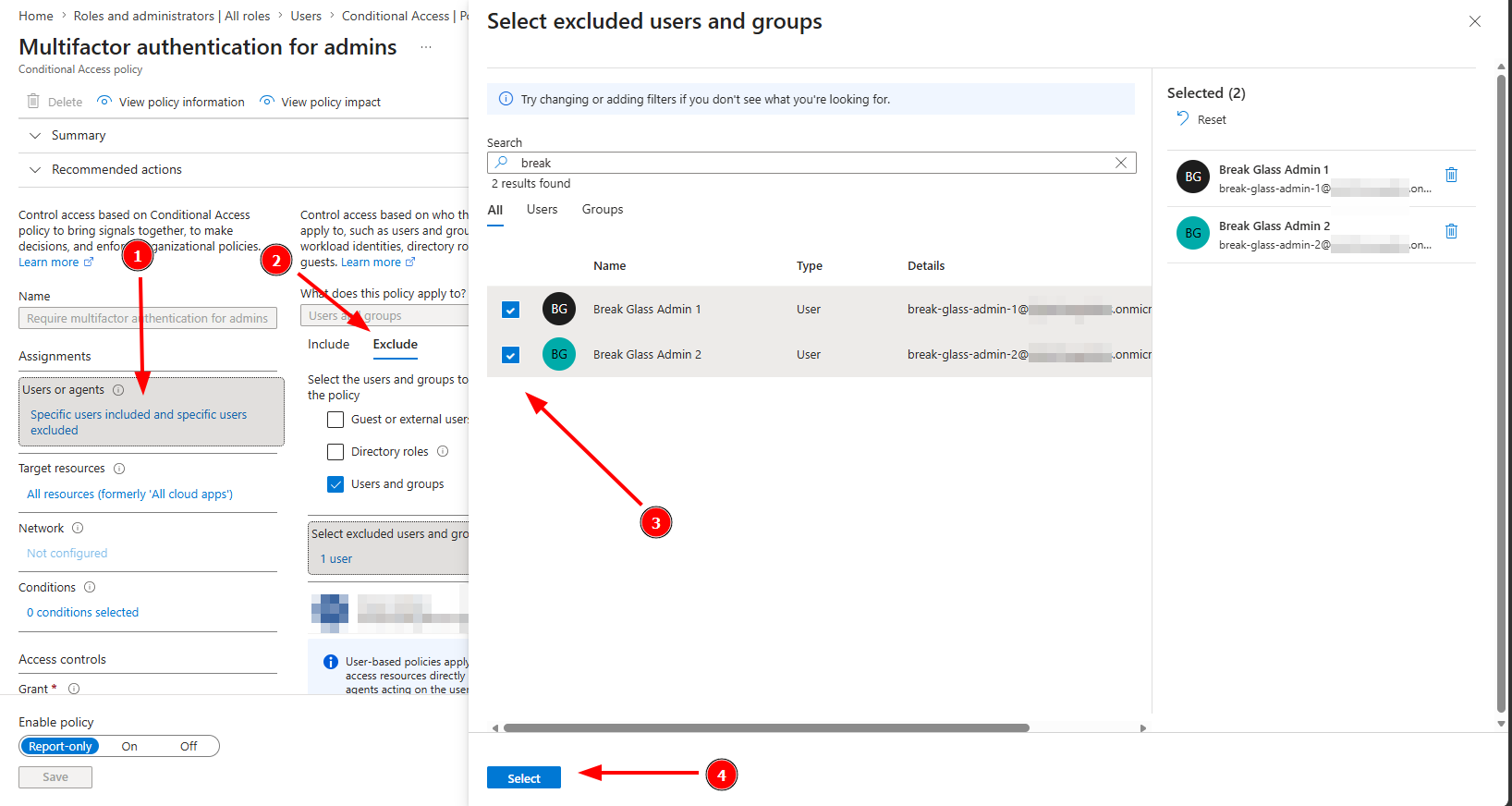 Screenshot of excluding break glass accounts from Conditional Access policies